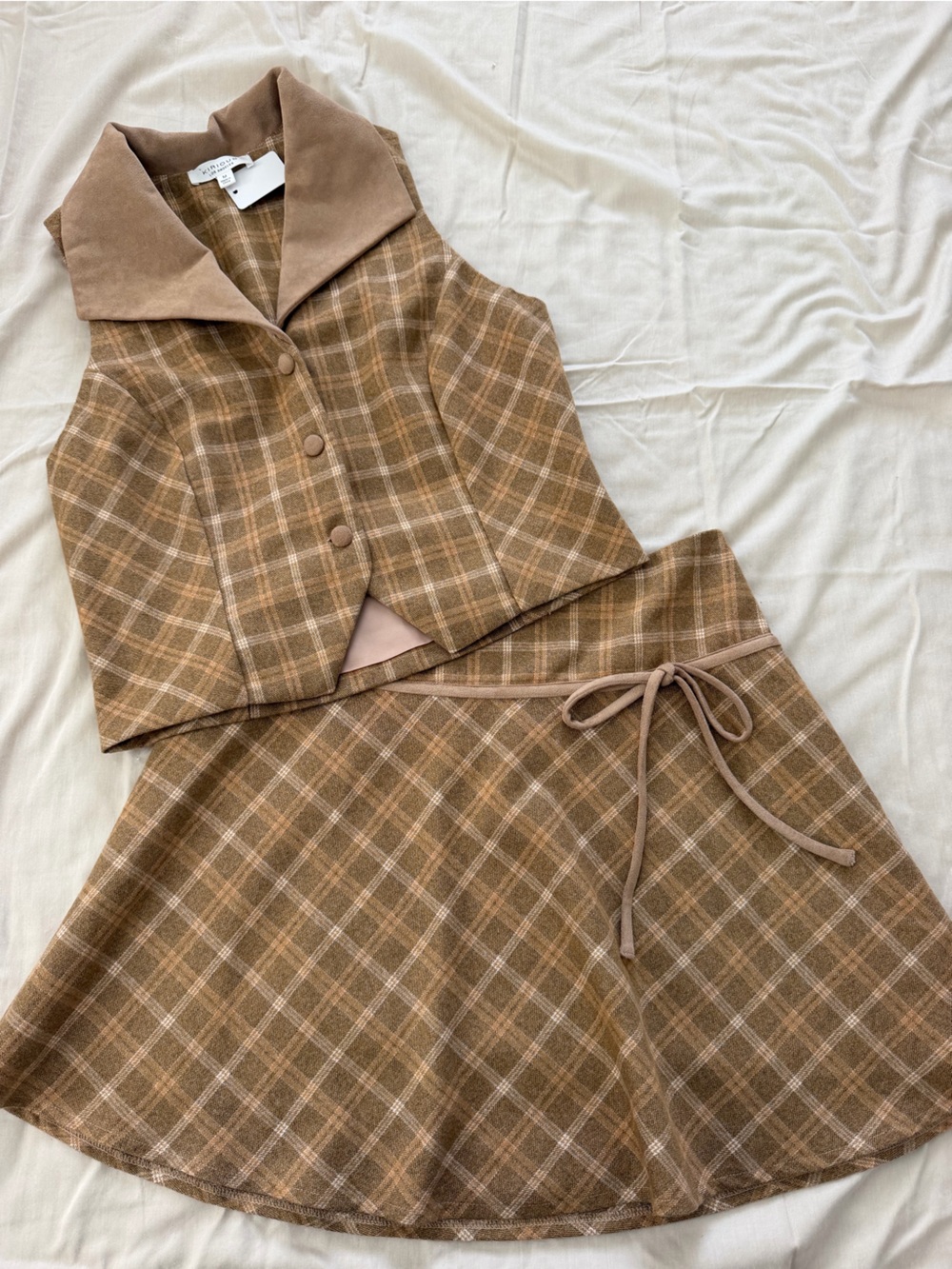 Kirious Los Angeles Brown Plaid Skirt and Top Set